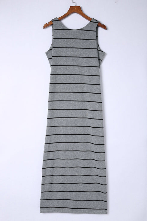 Stripe Print Open Back Sleeveless Maxi Dress With Slits